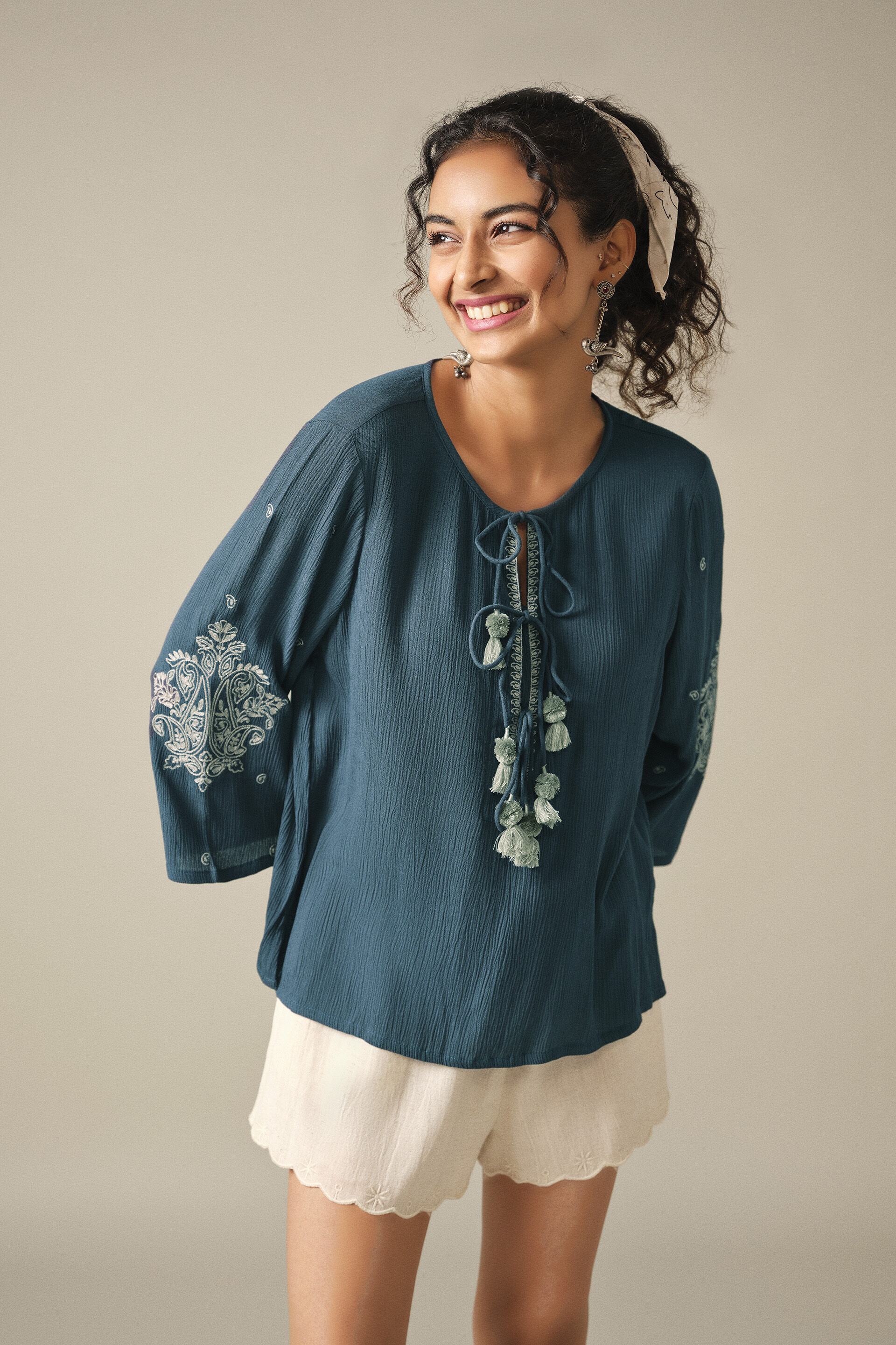 Embroidery Bell Sleeves Top in Indigo